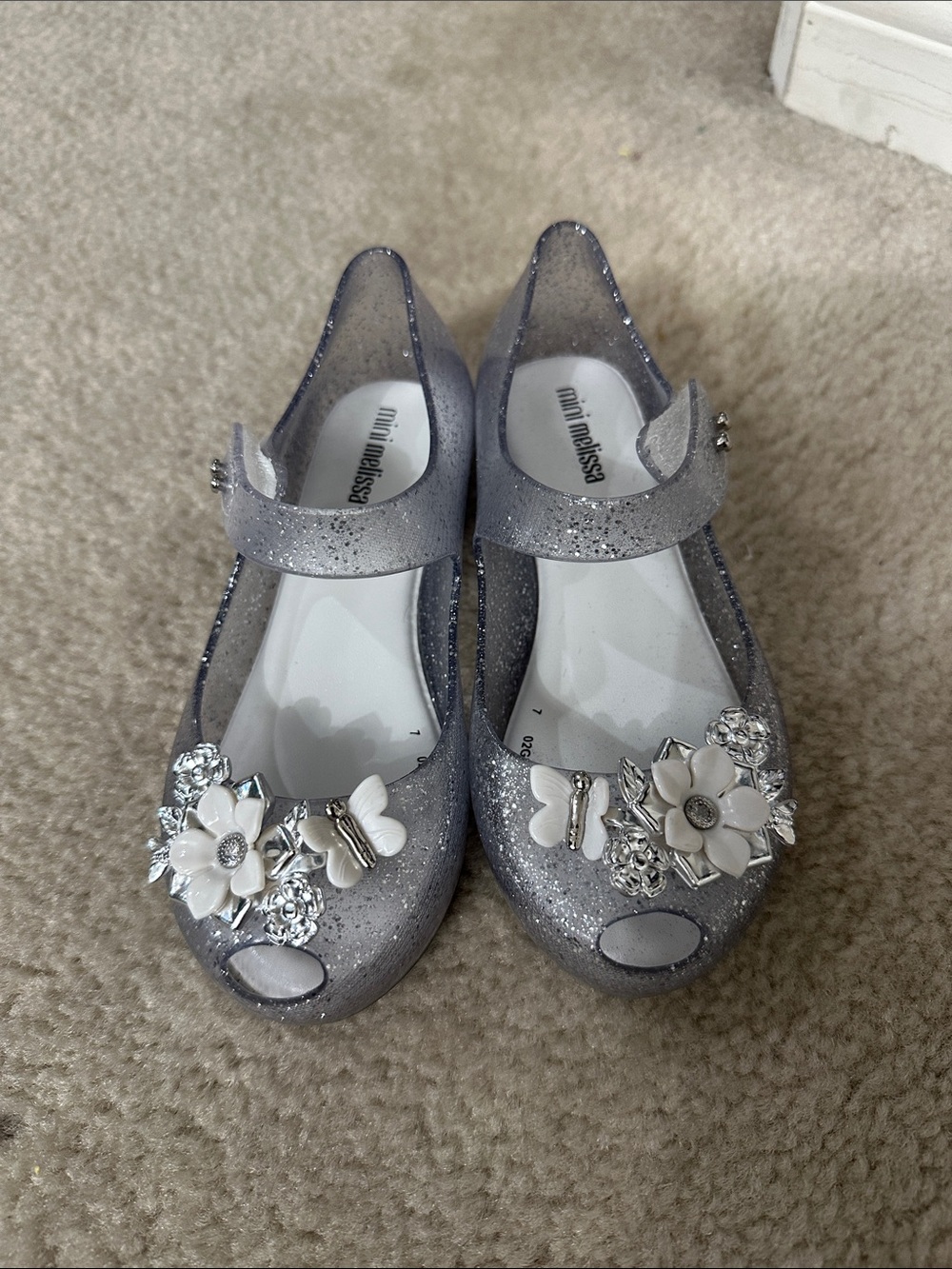 Mini Melissa Silver Glitter Floral Mary Jane Shoes with Jewel Accents